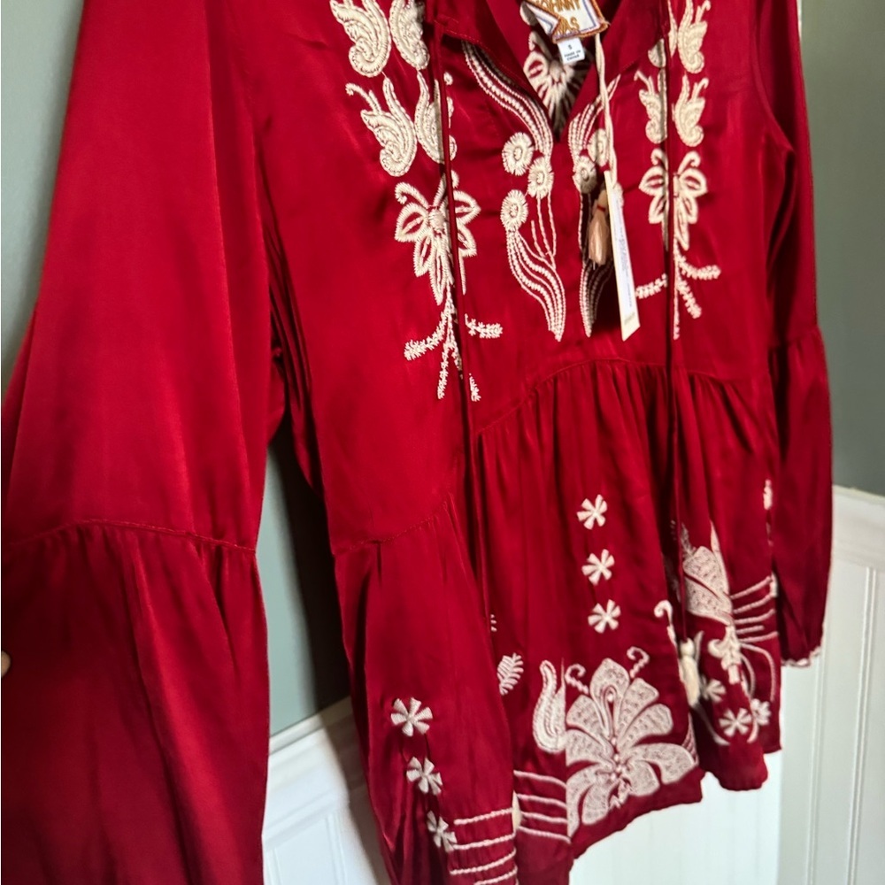 Johnny Was Bishop Sleeve Blouse Burgundy Embroidered Odette Small Retails $298! - Picture 4 of 7